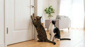 ドアを自分で開けようとする猫と飼い主に開けてもらおうと鳴く猫