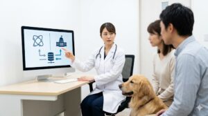 日本の動物病院にて、女性獣医師が飼い主の日本人夫婦に対し、パソコン画面の図解を使って民間のAIPOデータベースと国のデータベースの登録システムの違いについて説明している。
