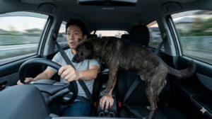 o 運転席の日本人男性の肩に身を乗り出す犬。視界を遮りハンドル操作を妨げる危険なフリー状態を描写。