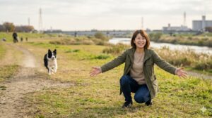 o 広々とした河川敷で、日本人女性が笑顔で「オイデ」のポーズをとり、遠くから走って戻ってくる愛犬（ボーダーコリー）を迎え入れる様子。