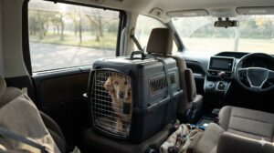 車内のクレートに安全に収まった犬とドライブ時の脱走防止対策