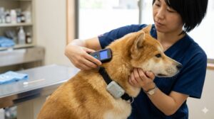 o 動物病院で、獣医師が犬の首元にマイクロチップリーダーをかざしている様子と、その犬の首輪に外付けされたGPS端末。