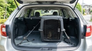 ステーションワゴンのカーゴスペース（荷室）に設置された、大型犬用のゲートと、固定された大型クレート。