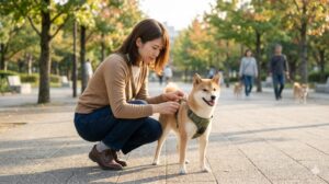 秋の公園で、日本人女性が愛犬の柴犬に、脱走防止のためにしっかりとハーネスを装着し、フィット感を調整している様子。