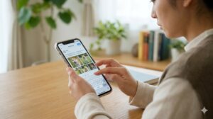 自宅のテーブルで、スマートフォンを使ってSNSに迷子犬の投稿を作成する日本人女性の手元。