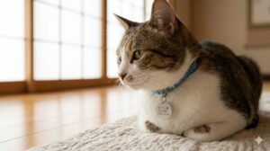 o 猫の首輪に取り付けられた、小型で軽量な金属製の丸い迷子札。
