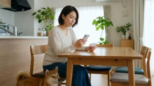 日本人女性がリビングで、スマートフォンを使ってマイクロチップ情報の変更登録（オンライン申請）を手軽に行っている様子。足元には柴犬が座っている。