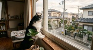 窓から外を見つめる白黒の室内飼い猫｜縄張りと外の世界の違い