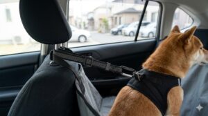 車のヘッドレストに固定された飛び出し防止リード。首輪ではなく、犬の胴体に装着したハーネスに接続されている。