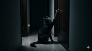 夜中に暗い廊下でドアのレバーハンドルに前足をかける猫