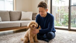 犬の帰巣本能と脱走対策について解説する、運営者「まもる」のイメージ。リビングで愛犬（トイプードル）と触れ合い、優しく見守る日本人男性