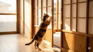 暖かい日差しの部屋に向かって引き戸を開けようとしている猫