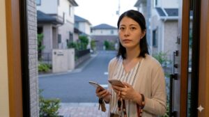 犬の脱走に気づき、不安と決意の表情で捜索の準備をする日本人女性。自宅の玄関から外を見つめる様子。
