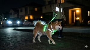 夜間の散歩中、反射材とLEDライトで光るハーネスとリードを着用し、ドライバーからの視認性を高めている犬。