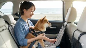 o 日本人の女性飼い主と車内でハーネスと犬用シートベルトを装着してリラックスする犬。安全なドライブをイメージさせる一枚。