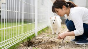 日本の住宅の庭で、日本人飼い主が、メジャーを使って庭のフェンスと地面（土面）の隙間を測り、愛犬が穴を掘って脱走できる隙間がないか確認している物理的対策の様子。