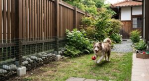 縦格子フェンスで囲まれた庭で遊ぶ犬と地面との隙間対策