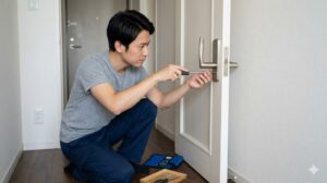 ドライバーでレバーハンドルを縦向きに取り付け直している日本人男性