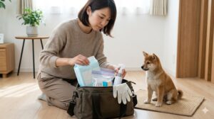 災害時に備えてペットのトイレ用品を非常袋にまとめる日本人女性