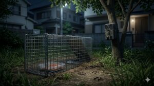迷子猫の捜索に使用する捕獲器とトレイルカメラの設置イメージ