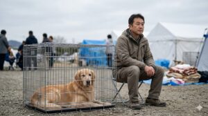 避難所でペット用ケージの隣に座り同行避難をする日本人男性とゴールデンレトリーバー