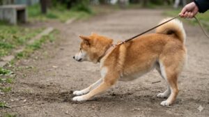 散歩中に犬が後ろに強く引っ張り、首輪が頭から抜けそうになっている、すっぽ抜け事故のリスクを示す瞬間。