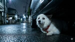 慣れない外の世界（夜間の雨）でパニックになり、車の下に隠れて怯える犬（小型犬）。帰巣本能が機能しない様子