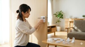猫のドア開け防止のために100均グッズのレバーロックを取り付ける日本人女性
