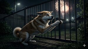 花火の音にパニックになりフェンスに前足をかける犬――音恐怖症による脱走リスクのイメージ