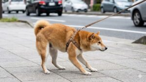 散歩中に犬が恐怖を感じて後ずさりをし、飼い主がリードを引いたことでハーネスが前足から抜けそうになっている場面。
