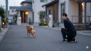 夜間、懐中電灯（ライト）の光を頼りに、自宅のカーポートの下や車の下などの狭い隙間を覗き込んで、脱走した愛犬を探す日本人女性の飼い主