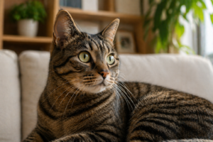 リビングでくつろぐキジトラ猫｜猫の帰巣本能の仕組みを解説