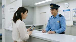 日本の警察署の窓口で、スマートフォンの犬の写真を見せながら、警察官に迷子犬の届け出をする不安げな表情の日本人女性。
