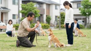 専門のドッグトレーナーから、アイコンタクトの指導を受ける飼い主と犬