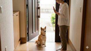 玄関前で飼い主の「待て」の合図を守るお行儀の良い犬
