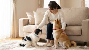 室内で飼い主に注目する犬とアイコンタクトのトレーニング