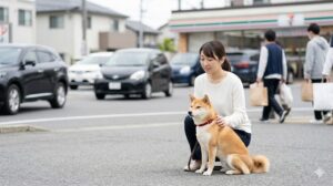 様々な音や環境に慣れるため、街中で落ち着いて過ごす子犬