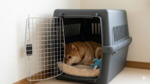 自ら進んでクレートに入り、リラックスして過ごす犬