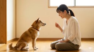 室内で飼い主に注目する犬とアイコンタクトのトレーニング