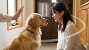 玄関で飼い主と目を合わせ、落ち着いて「待て」をするゴールデンレトリバー。脱走防止のしつけと絆を象徴する、信頼に満ちたアイコンタクトの瞬間。