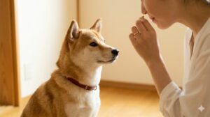 飼い主と目を合わせ、褒められるのを待つ笑顔の日本犬
