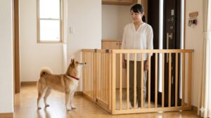 玄関に設置された脱走防止ゲートと、その前で落ち着いて待つ犬。しつけと物理的対策の両立。