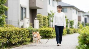 リードをたるませ、飼い主の横を並んで歩く散歩風景